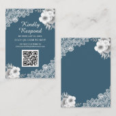 Carte D'accompagnement Blue Floral Dentelle QR Code RSVP Mariage Site Web (Devant / Derrière)