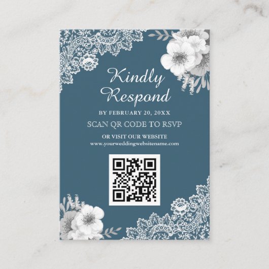 Carte D'accompagnement Blue Floral Dentelle QR Code RSVP Mariage Site Web (Devant)