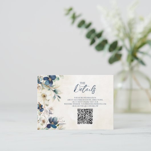 Carte D'accompagnement Blue Floral Winter Wedding QR code Details Insert (Debout devant)
