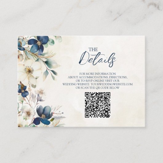 Carte D'accompagnement Blue Floral Winter Wedding QR code Details Insert (Devant)