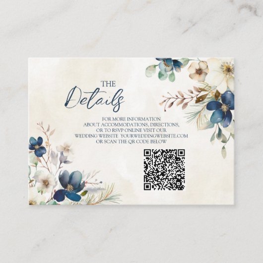 Carte D'accompagnement Blue Floral Winter Wedding QR code Details Insert (Devant)