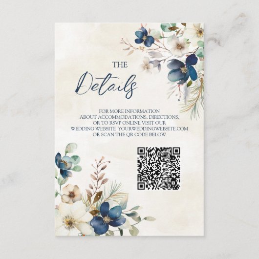 Carte D'accompagnement Blue Floral Winter Wedding QR code Details Insert (Devant)