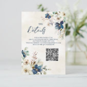 Carte D'accompagnement Blue Floral Winter Wedding QR code Details Insert (Debout devant)