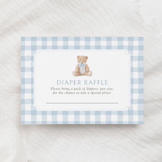 Carte D'accompagnement Blue Gingham Teddy Bear Diaper Raffle Ticket