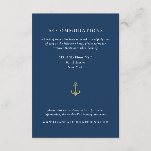 Carte D'accompagnement Blue Gold Ancre Nautical Mariage Hotel (Devant)