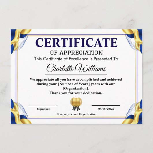 Carte D'accompagnement Blue Gold Certificate of Appreciation Template (Devant)