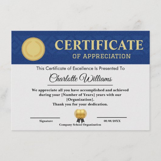 Carte D'accompagnement Blue Gold Certificate of Appreciation Template (Devant)