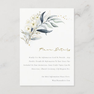 Carte D'accompagnement Blue Gold Leafy Botanical Floral Détails du Mariag