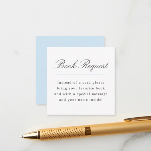 Carte D'accompagnement Blue Grand Millennial Book Request Baby shower (Devant/Arrière en situation)