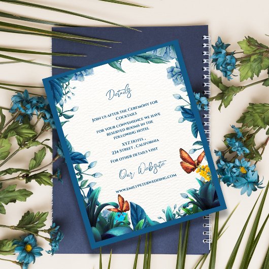 Carte D'accompagnement Blue Green Botanical Butterfly Wedding Details