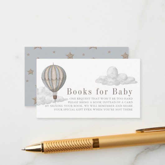 Carte D'accompagnement Blue Hot Air Balloon Baby Shower Book Request (Devant/Arrière en situation)