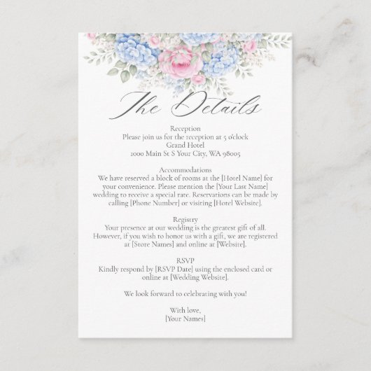 Carte D'accompagnement Blue Hydrangea and Pink Rose Floral Garden Wedding (Devant)