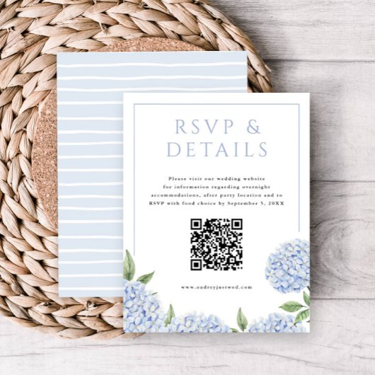 Carte D'accompagnement Blue Hydrangea Blooms RSVP et détails, avec code Q