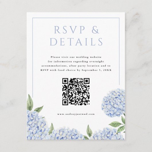 Carte D'accompagnement Blue Hydrangea Blooms RSVP et détails, avec code Q (Devant)