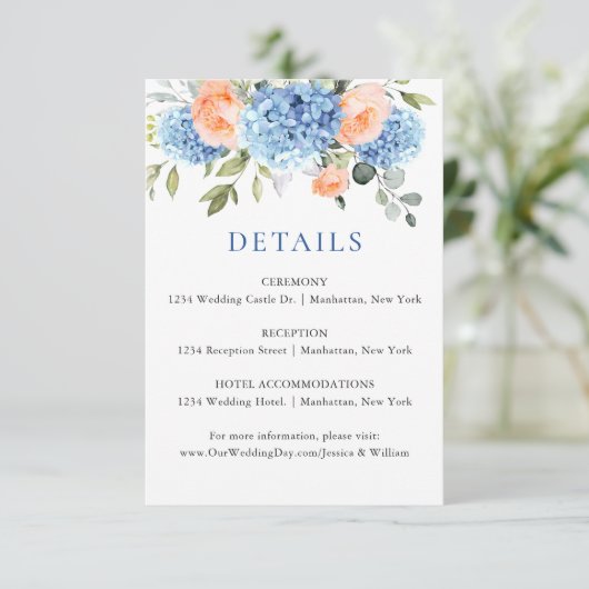 Carte D'accompagnement Blue Hydrangea Blush Rose Roses Détails du Mariage (Debout devant)