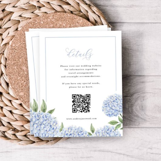 Carte D'accompagnement Blue Hydrangea Frame Calligraphie Détail QR Code