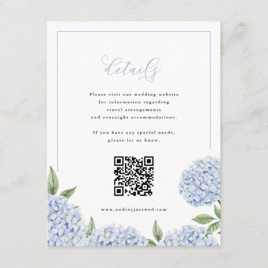 Carte D'accompagnement Blue Hydrangea Frame Calligraphie Détail QR Code (Devant)