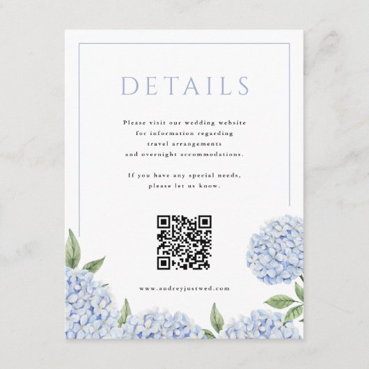 Carte D'accompagnement Blue Hydrangea Frame Detame Code QR (Devant)