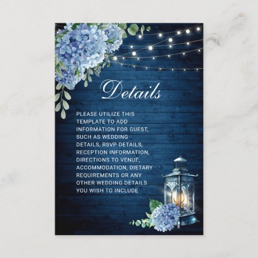 Carte D'accompagnement Blue Hydrangea Lantern Wood Détails du Mariage (Devant)