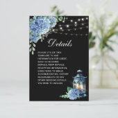 Carte D'accompagnement Blue Hydrangea Lanterne Black Boho Détails Mariage (Debout devant)