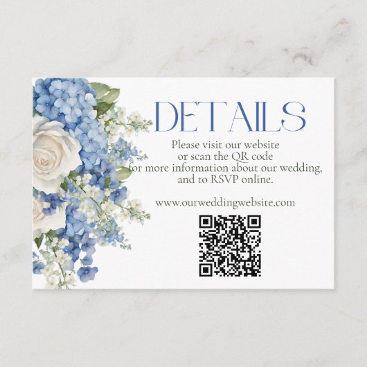 Carte D'accompagnement Blue Hydrangea White Floral Mariage QR Code Site (Devant)