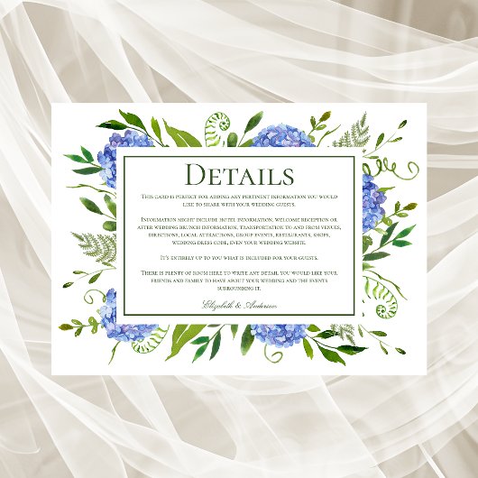 Carte D'accompagnement Blue Hydrangeas Détails du Mariage