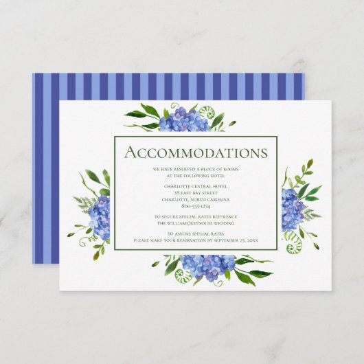 Carte D'accompagnement Blue Hydrangeas Floral Mariage Hébergements (Devant / Derrière)