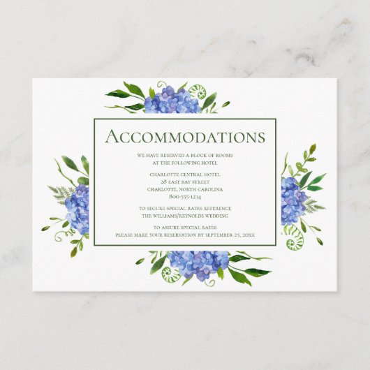 Carte D'accompagnement Blue Hydrangeas Floral Mariage Hébergements (Devant)