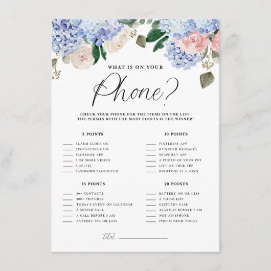 Carte D'accompagnement Blue Hydrangeas What's on Your Phone Game Card (Devant)