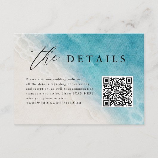 Carte D'accompagnement Blue Ocean Beach Wedding QR Code Détails (Devant)