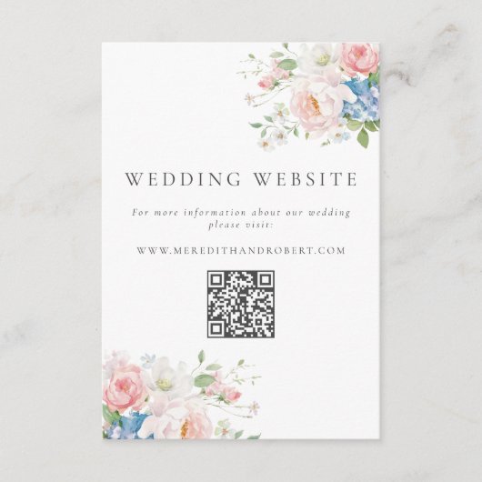 Carte D'accompagnement Blue & Pink Pastel Floral QR Wedding Website (Devant)