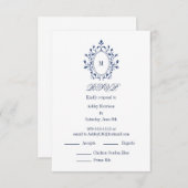 Carte D'accompagnement BLUE RSVP card Monogram With 2 Entree Choice (Devant / Derrière)