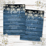 Carte D'accompagnement Blue String Lights Rustic Wood Détails du Mariage<br><div class="desc">Un mariage rustique détaille les informations carte boîtier dispose de jolis lampes à cordes et un arrière - plan de panneaux de bois bleu. Personnalisez avec vos détails spéciaux définis dans la typographie stylisée et vos noms et date mariage au verso. Conçu par Thisisnotme©</div>