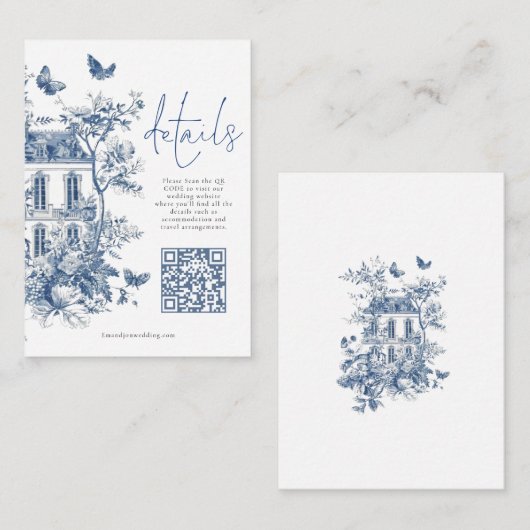 Carte D'accompagnement Blue Toile De Jouy QR Code Détails du Mariage (Devant / Derrière)