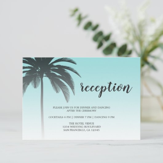 Carte D'accompagnement Blue Tropical Palm Tree Beach Mariage Réception (Debout devant)