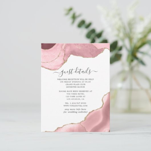 Carte D'accompagnement Blush and Gold Agate Mariage Détails sur l'invité (Debout devant)