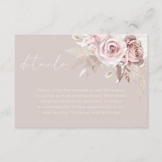 Carte D'accompagnement Blush Floral Gorgeous Wedding Details (Devant)