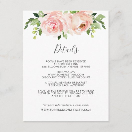Carte D'accompagnement Blush Floral Mariage Informations sur l'invité (Devant)
