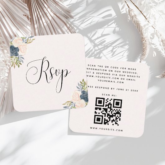 Carte D'accompagnement Blush & Indigo Aquarelle Floral QR Code Mariage