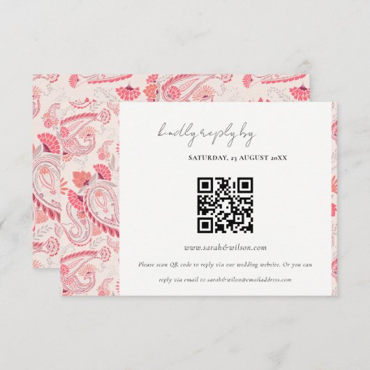 Carte D'accompagnement Blush Paisley Typographie Mariage RSVP QR Code (Devant / Derrière)