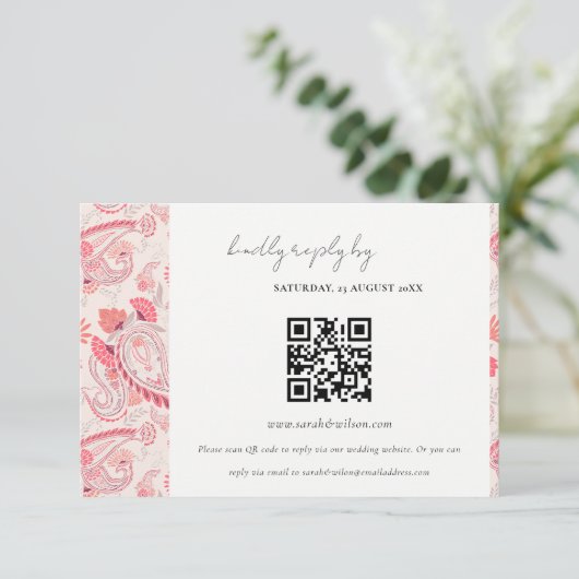 Carte D'accompagnement Blush Paisley Typographie Mariage RSVP QR Code (Debout devant)