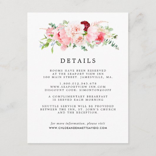 Carte D'accompagnement Blush Pink Floral Mariage Détails de l'invité (Devant)