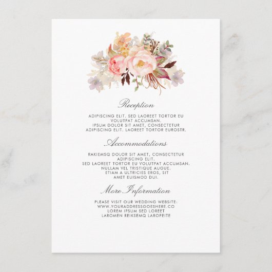 Carte D'accompagnement Blush Pink Floral Mariage Information Invité (Devant)