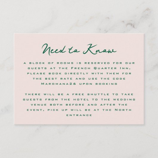 Carte D'accompagnement Blush Pink Green Simple Additional Information  (Devant)