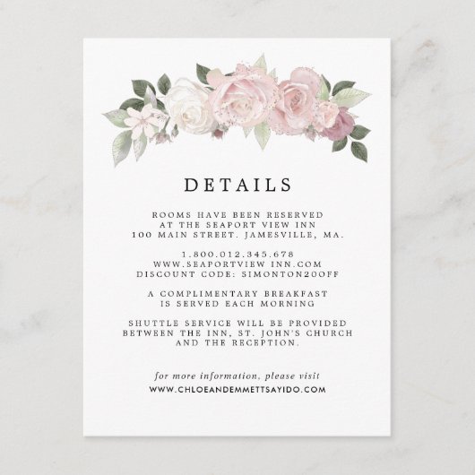 Carte D'accompagnement Blush Pink Rose Floral Mariage Détails de l'invité (Devant)