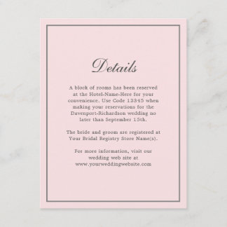 Carte D'accompagnement Blush Pink Simple Elegant Wedding Info Détails