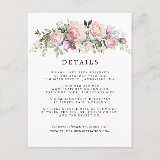 Carte D'accompagnement Blush Rose Floral Mariage Détails de l'invité (Devant)