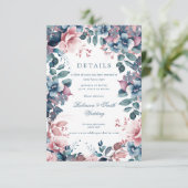 Carte D'accompagnement Bohème Floral Dusty Blue Détails du Mariage (Debout devant)