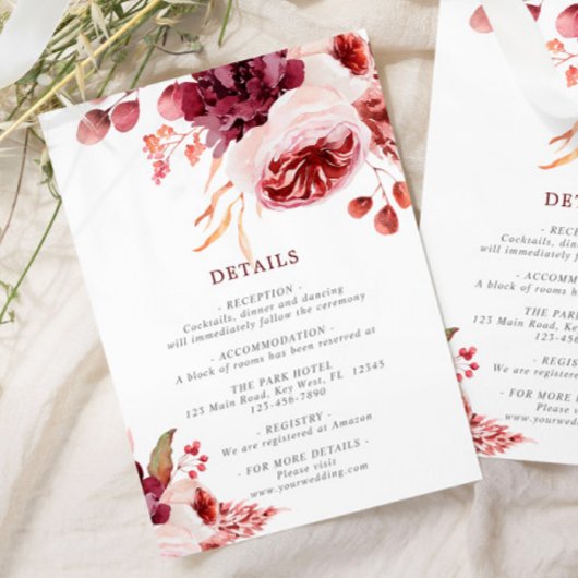 Carte D'accompagnement Bohemian Fall Rose Floral Mariage Détails