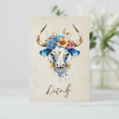 Carte D'accompagnement Boho Aquarelle Floral Vache Crâne Mariage QR code (Debout devant)